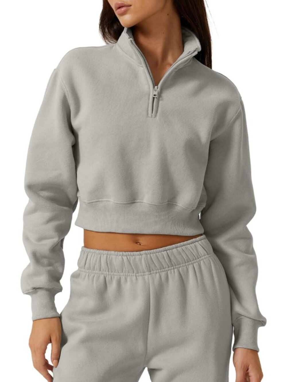 Women's Grey Solid Fleece High Neck Half Zip Pullover Cropped Top Sweatshirt